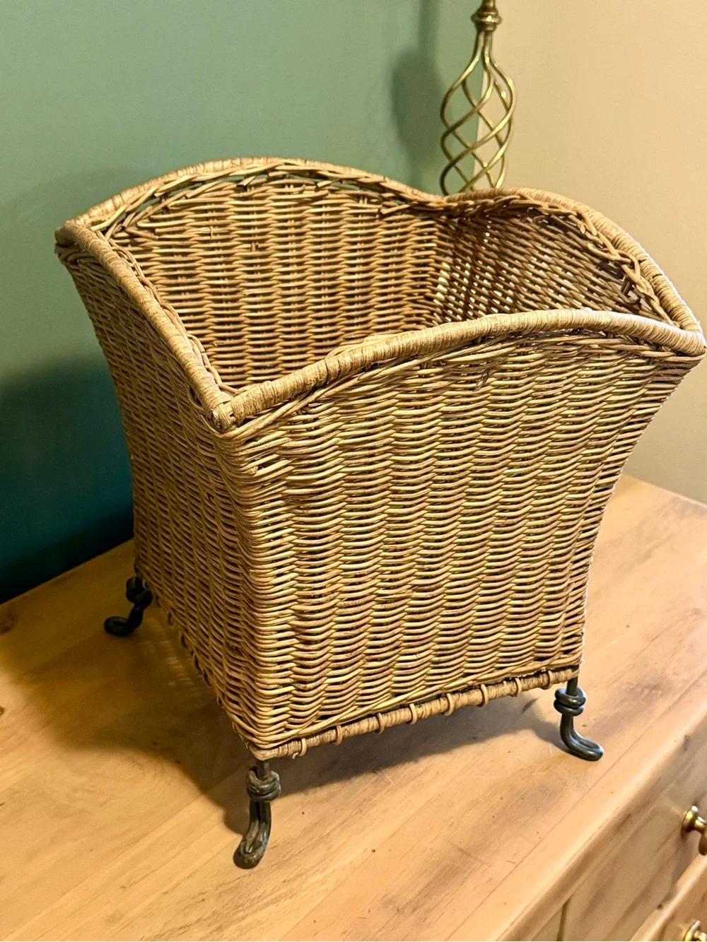 Vintage Wicker Footed Planter | Rattan Cachepot with Metal Claw Feet